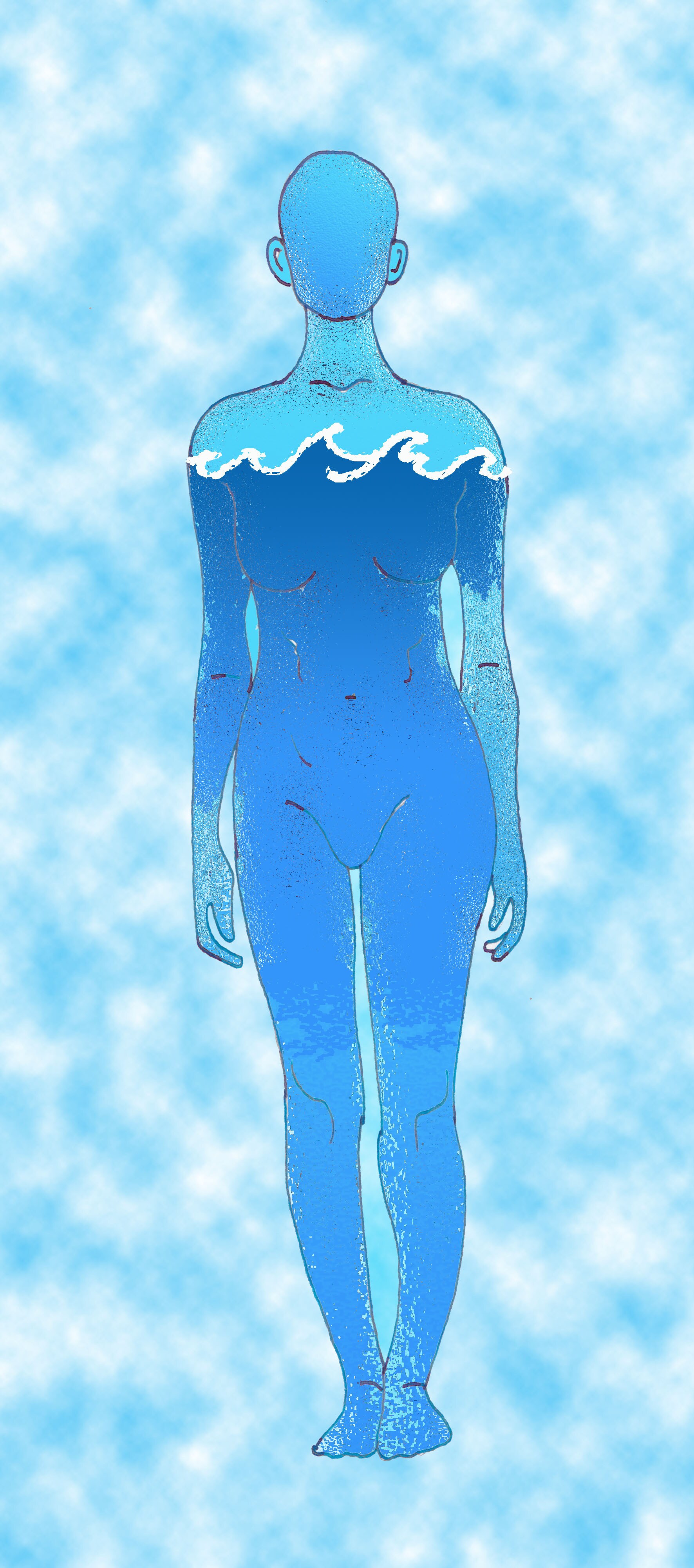 Immagine di una sagoma umana (Per leggerne la descrizione proseguire nel link). Corpo di donna stilizzato su sfondo di cielo diurno.