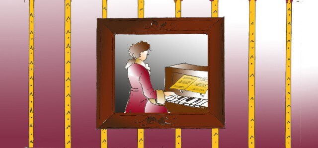 Immagine di un piccolo quadro di Mozart al pianoforte (Per leggerne la descrizione proseguire nel link). Si vede il compositore, di spalle, al pianoforte. Il quadro è rettangolare ed è appeso a una parete rivestita con carta da parati di colore rosso, con strisce verticali, decorate, di colore giallo.