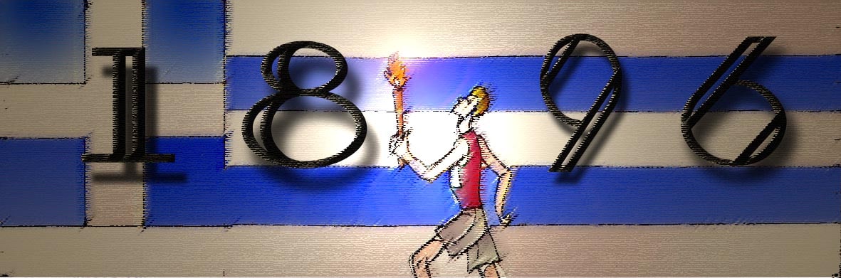Immagine del tedoforo  (Per leggerne la descrizione proseguire nel link). Si vede al centro il tedoforo che impugna la fiamma olimpica. Ai suoi lati le cifre dell’anno 18 (a sinistra) e 96 (a destra). Sullo sfondo, la bandiera greca.