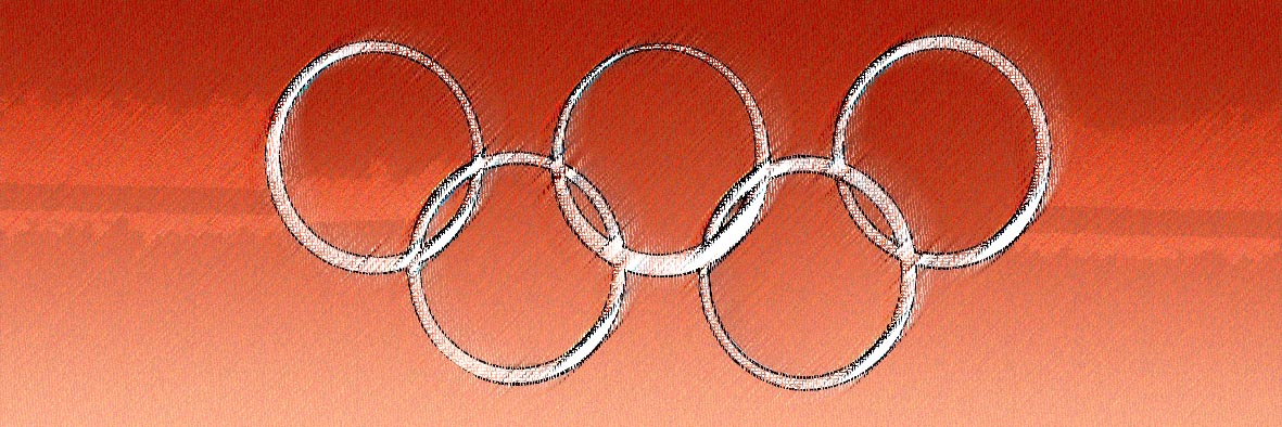 Cornice composta da i cinque anelli olimpici concatenati, su sfondo arancione.