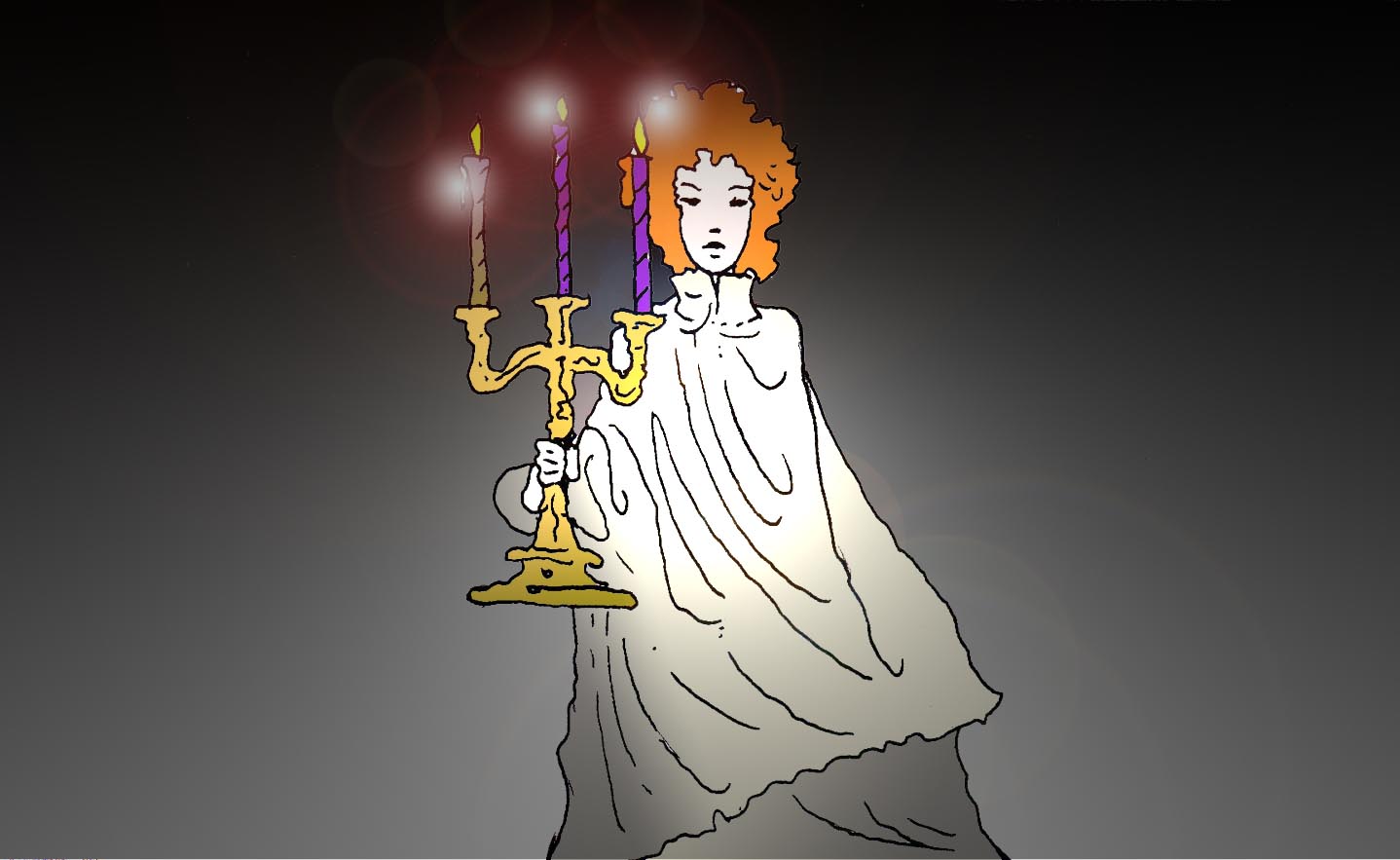 Immagine di una donna con un candelabro (Per leggerne la descrizione proseguire nel link). La donna vista a tre quarti e vestita con un abito grigio che le fascia morbidamente il corpo. Tiene con la mano destra un candelabro a tre braccia. L'immagine allude ad una sequenza scenica ricorrente nello sceneggiato 'Il segno del comando'.